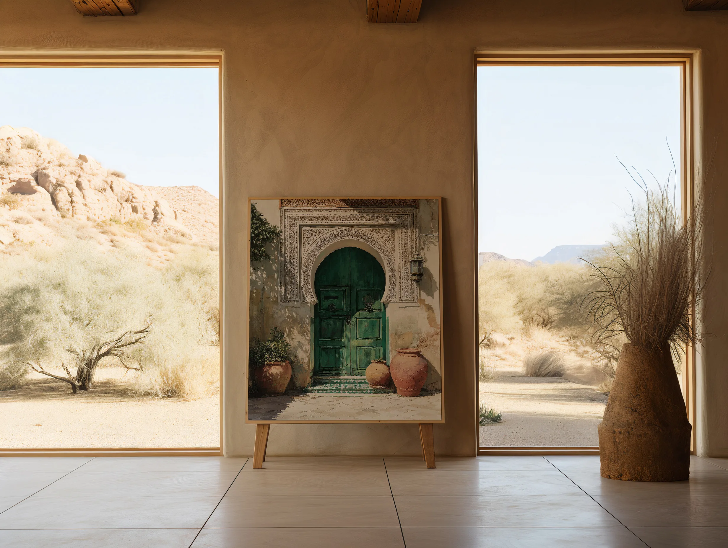 Affiche Porte Marocaine – Riad Vert Émeraude Affiche porte marocaine dans un salon chaleureux aux tons beige
