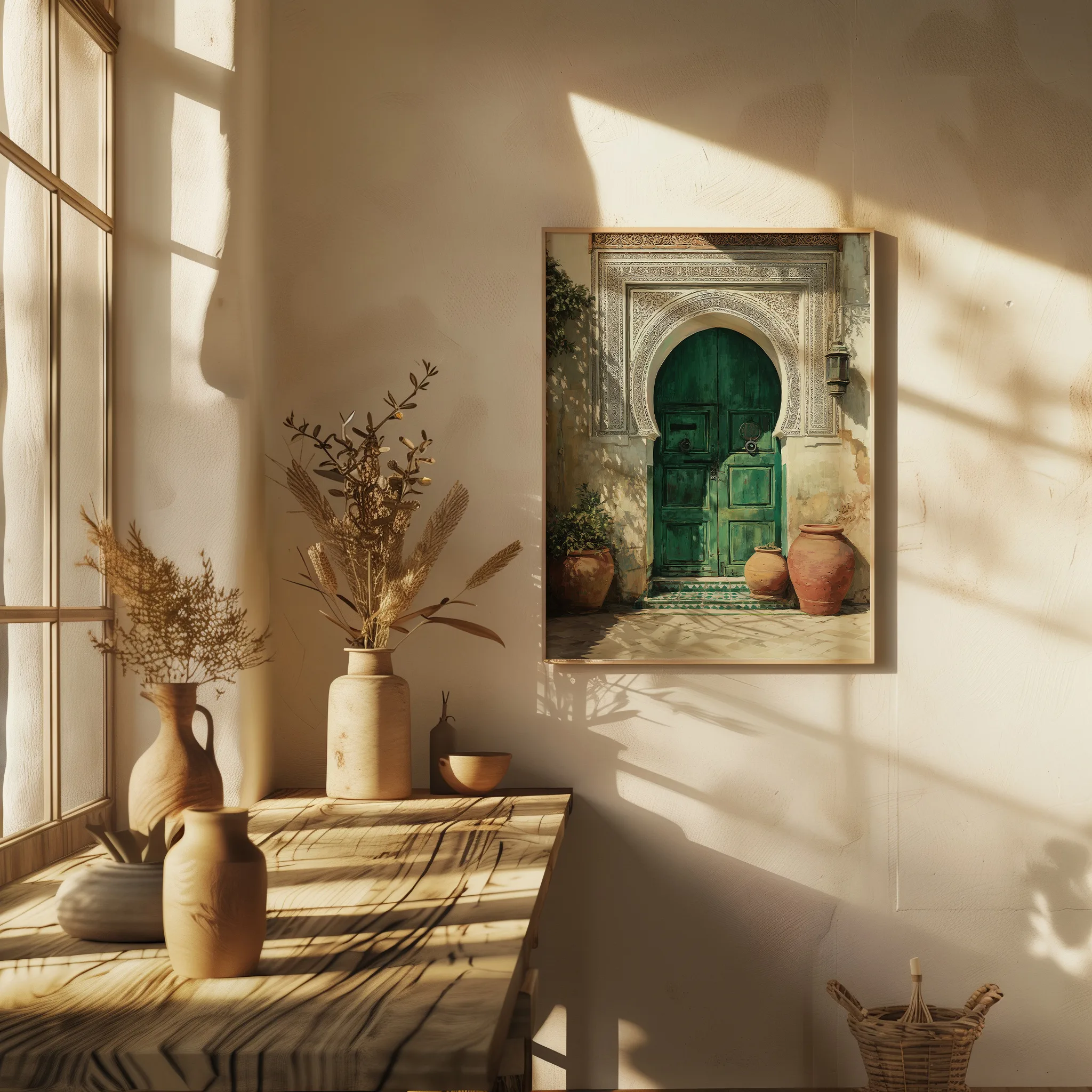 Affiche Porte Marocaine – Riad Vert Émeraude Affiche porte de riad verte au-dessus d’une console en bois