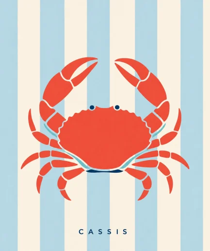 Illustration crabe cassis sur fond rayures Riviera bleu et crème