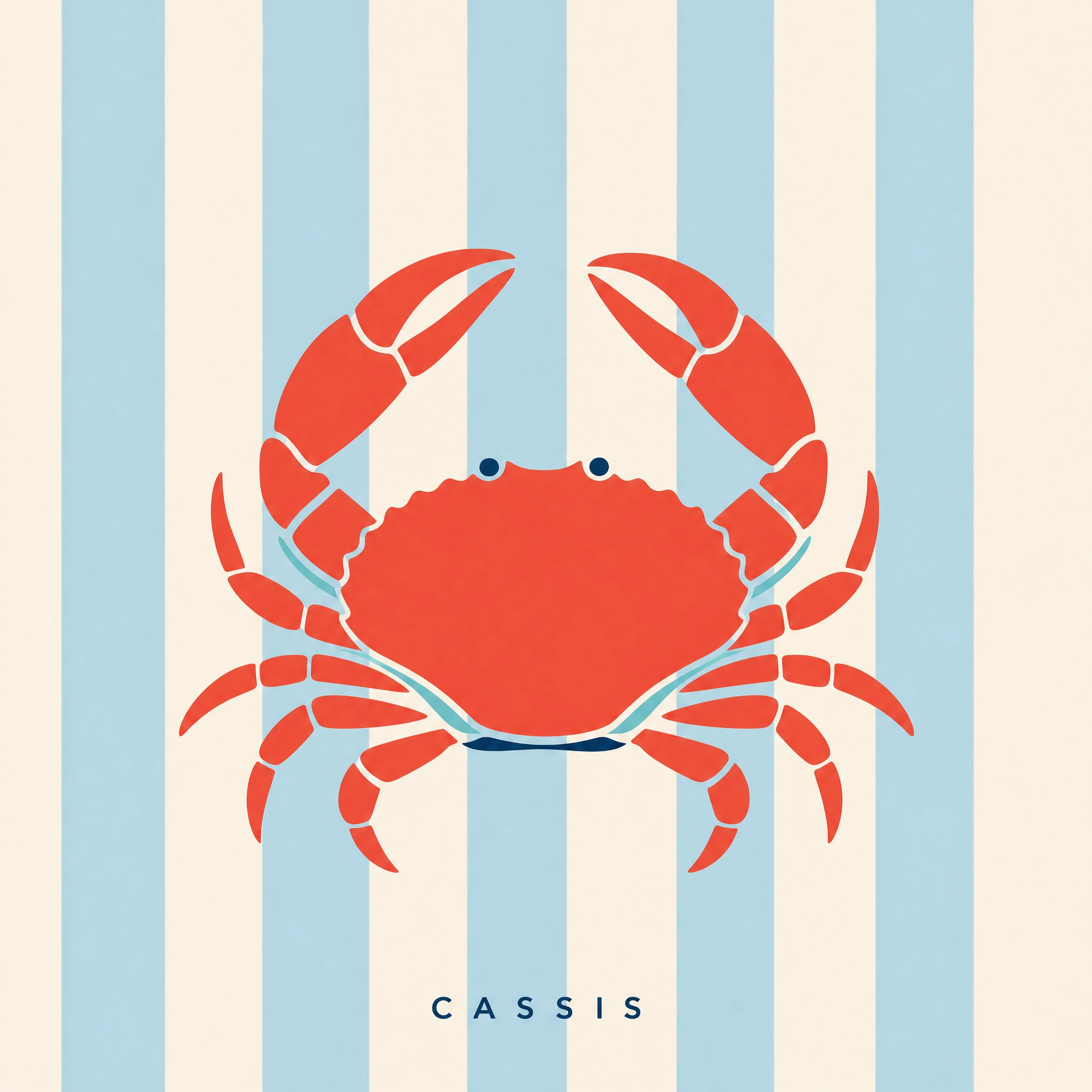 cassis-crabe-gp Illustration crabe cassis sur fond rayures Riviera bleu et crème