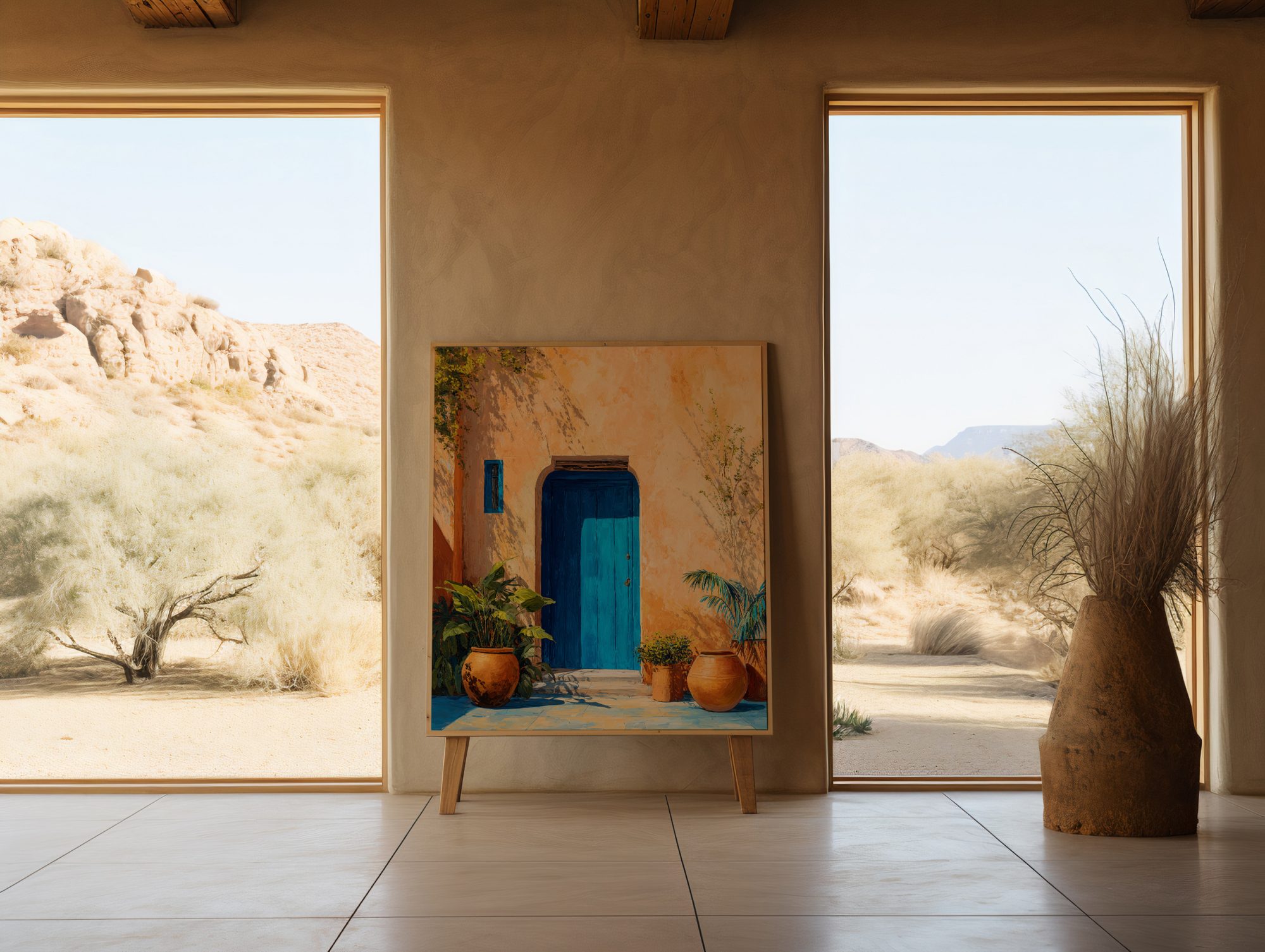 Affiche Porte Bleue Maroc – Patio Ocre & Plantes Méditerranéennes Affiche porte bleue Maroc posée devant une fenêtre avec vue désertique