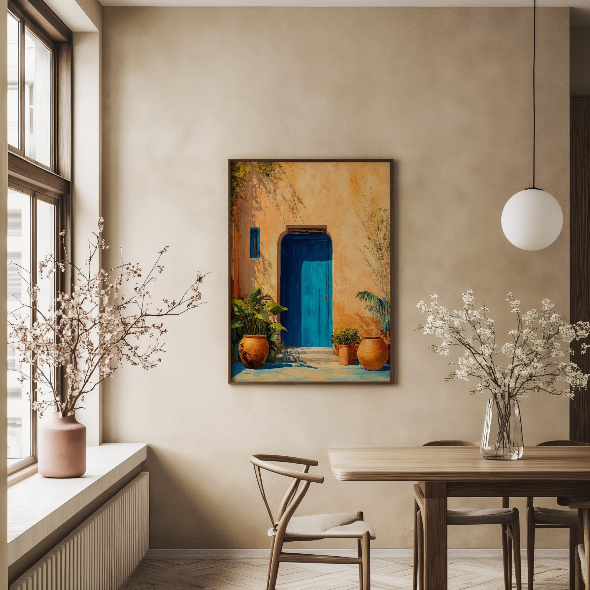 Affiche Porte Bleue Maroc – Patio Ocre & Plantes Méditerranéennes Affiche porte bleue Maroc dans une pièce minimaliste avec plantes et fauteuil
