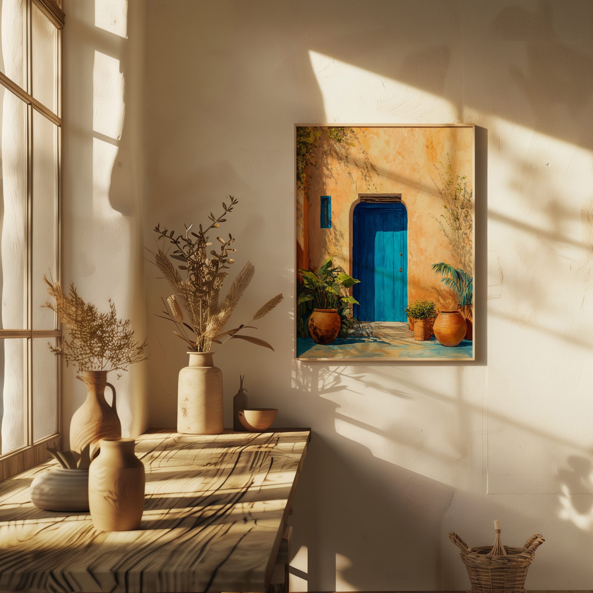 Affiche Porte Bleue Maroc – Patio Ocre & Plantes Méditerranéennes Affiche porte bleue Maroc avec façade ocre et lumière douce dans un intérieur élégant