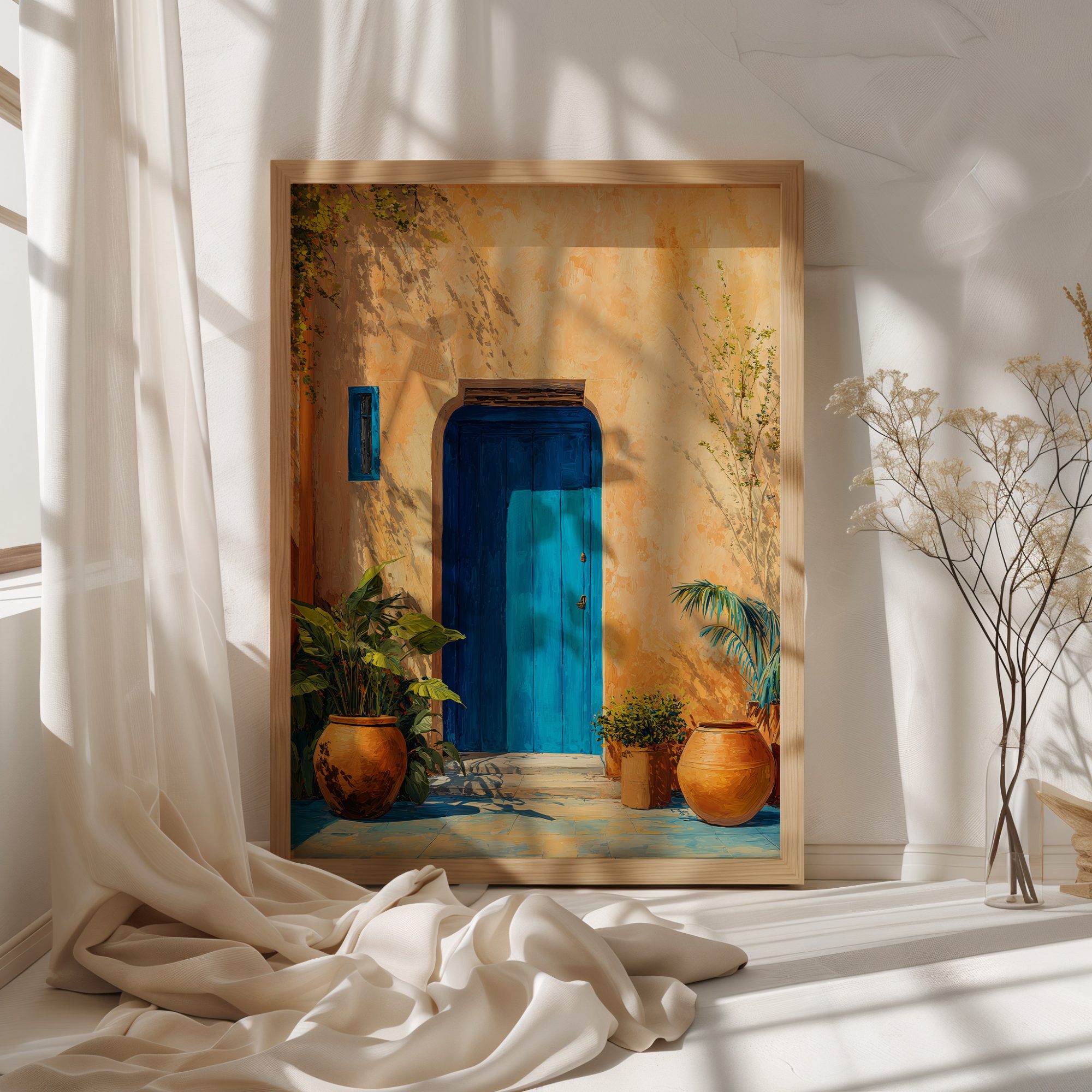 Affiche Porte Bleue Maroc – Patio Ocre & Plantes Méditerranéennes Affiche porte bleue Maroc encadrée dans une chambre lumineuse aux tons naturels