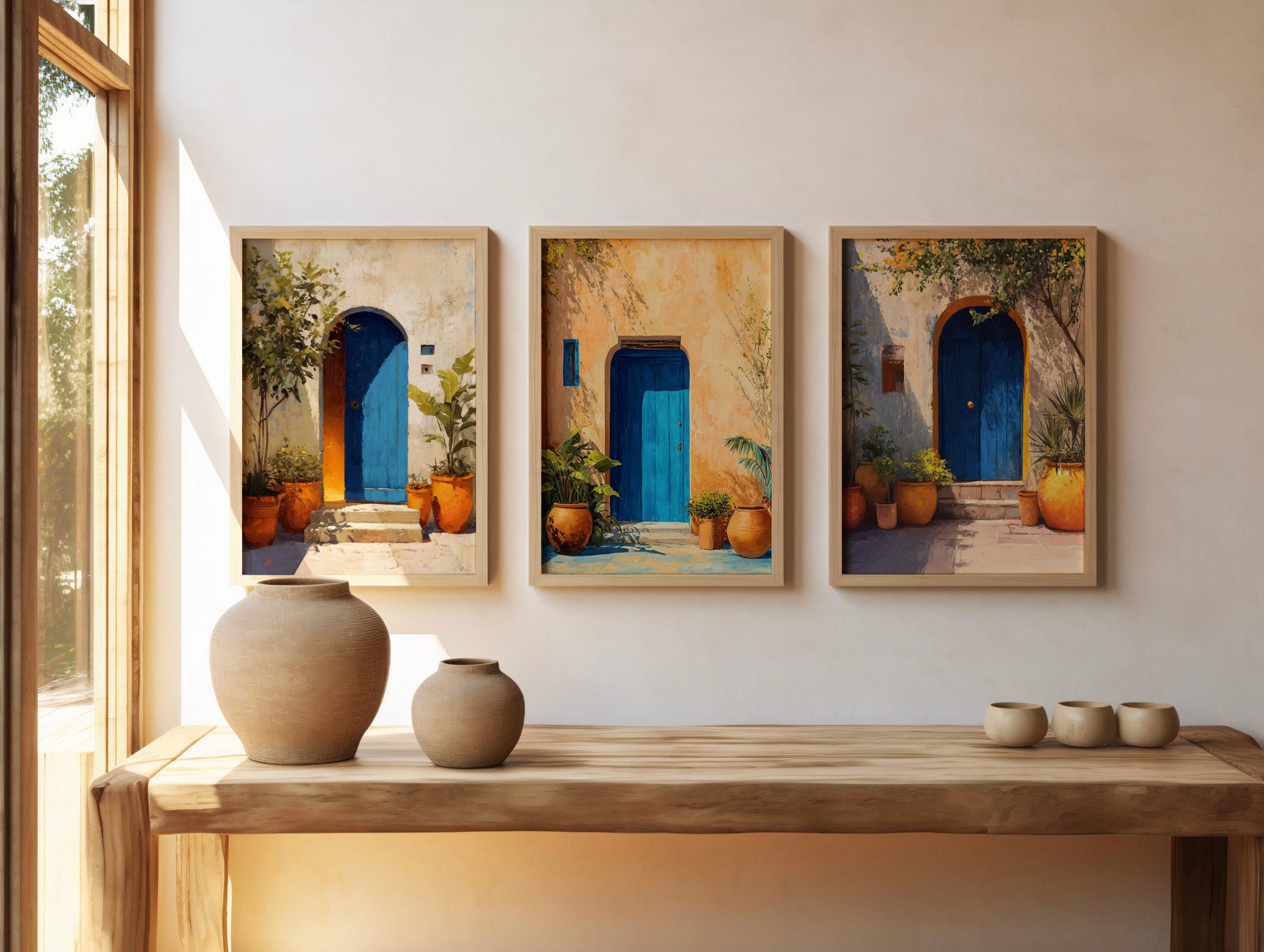 Affiche Porte Bleue Maroc – Patio Ocre & Plantes Méditerranéennes Triptyque d’affiches porte bleue Maroc dans une décoration murale méditerranéenne
