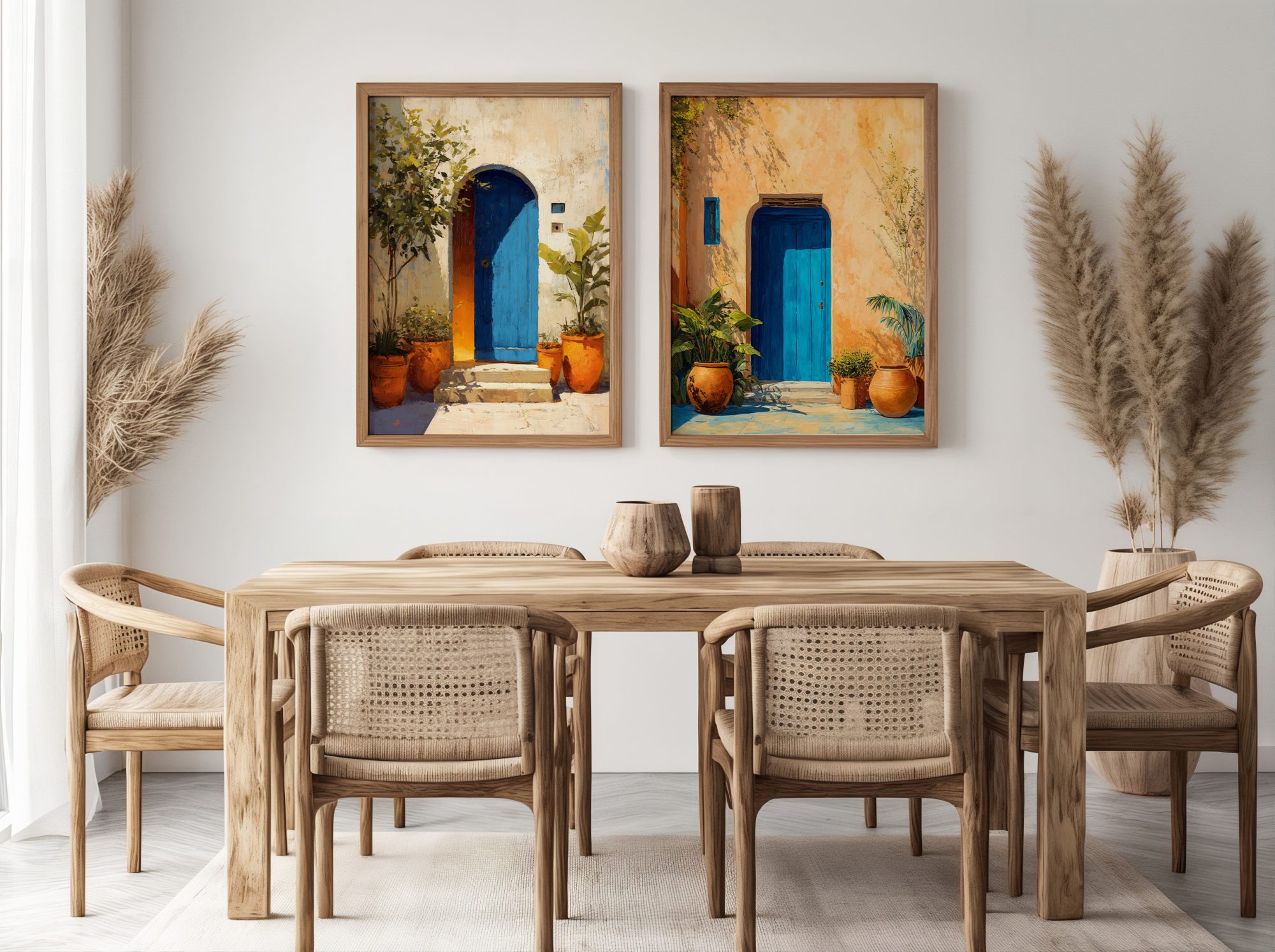Affiche Porte Bleue Maroc – Patio Ocre & Plantes Méditerranéennes Duo d’affiches porte bleue Maroc avec jarres terracotta au-dessus d’un buffet