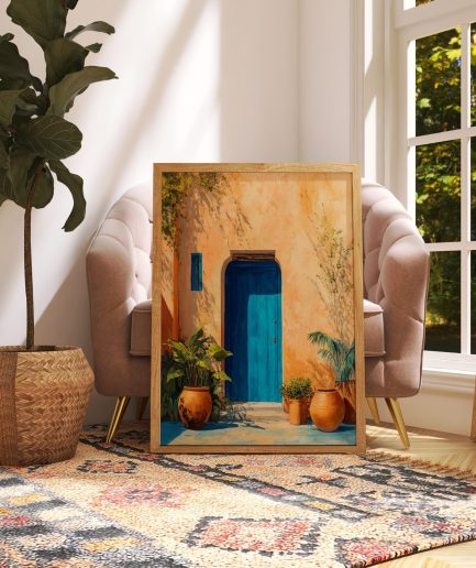 Affiche porte bleue Maroc avec patio ocre et plantes dans un salon chaleureux
