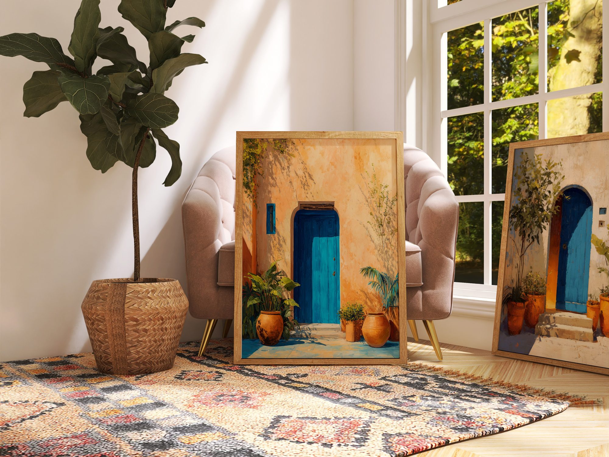 Affiche Porte Bleue Maroc – Patio Ocre & Plantes Méditerranéennes Affiche porte bleue Maroc avec patio ocre et plantes dans un salon chaleureux