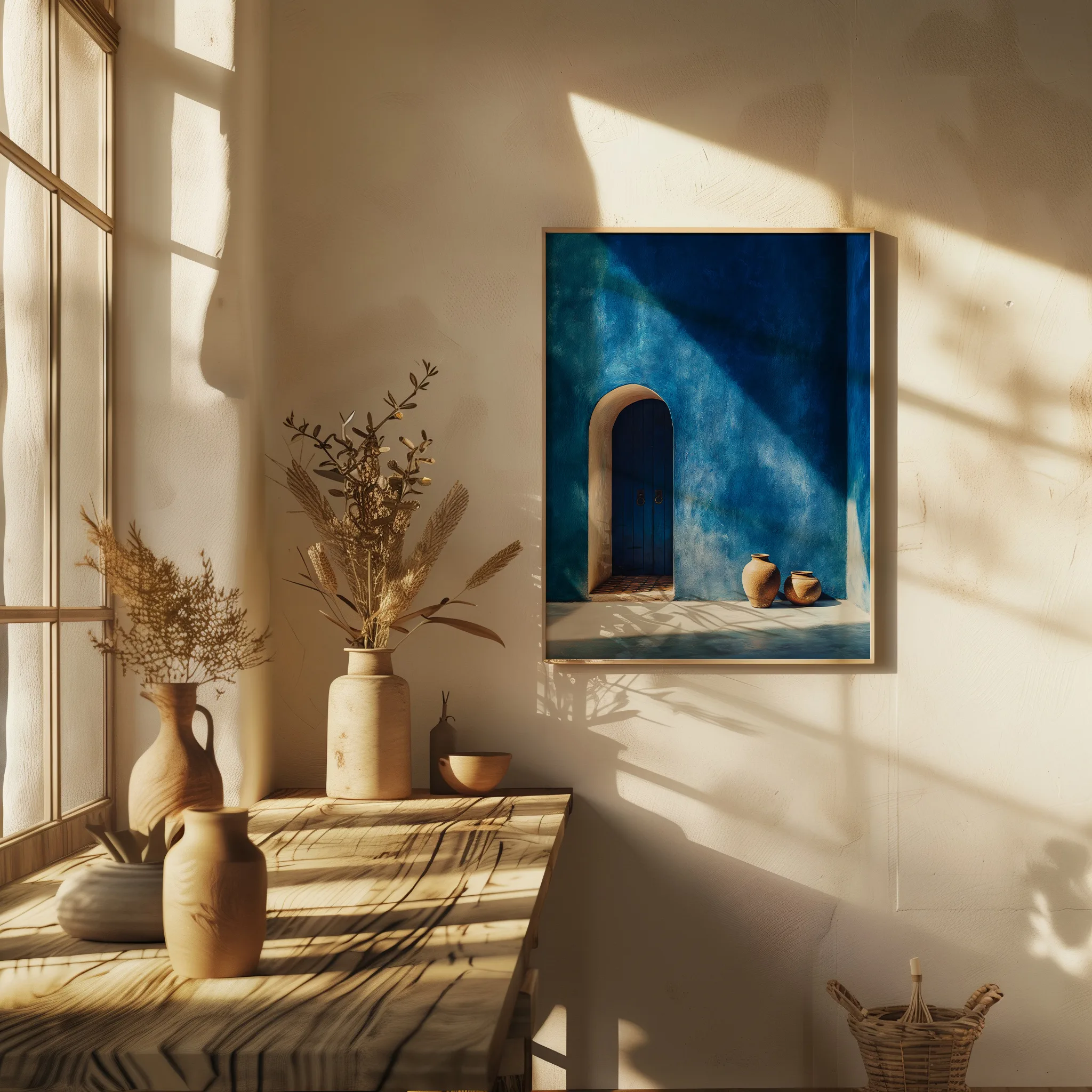 Affiche porte bleue Maroc avec jarres et jeux d’ombre dans un intérieur élégant