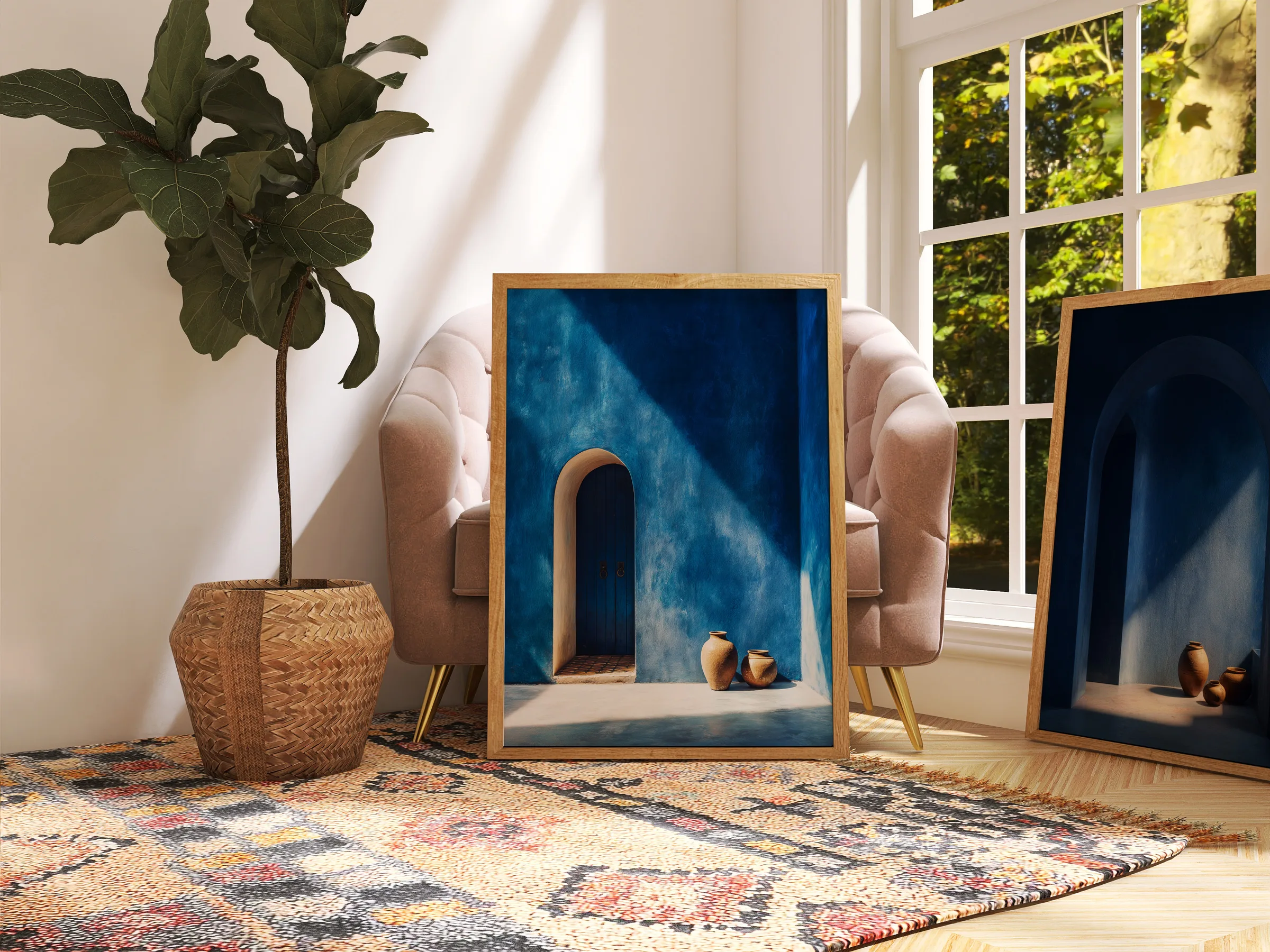 Affiche porte bleue Maroc bleu Majorelle dans un salon avec tapis et plantes