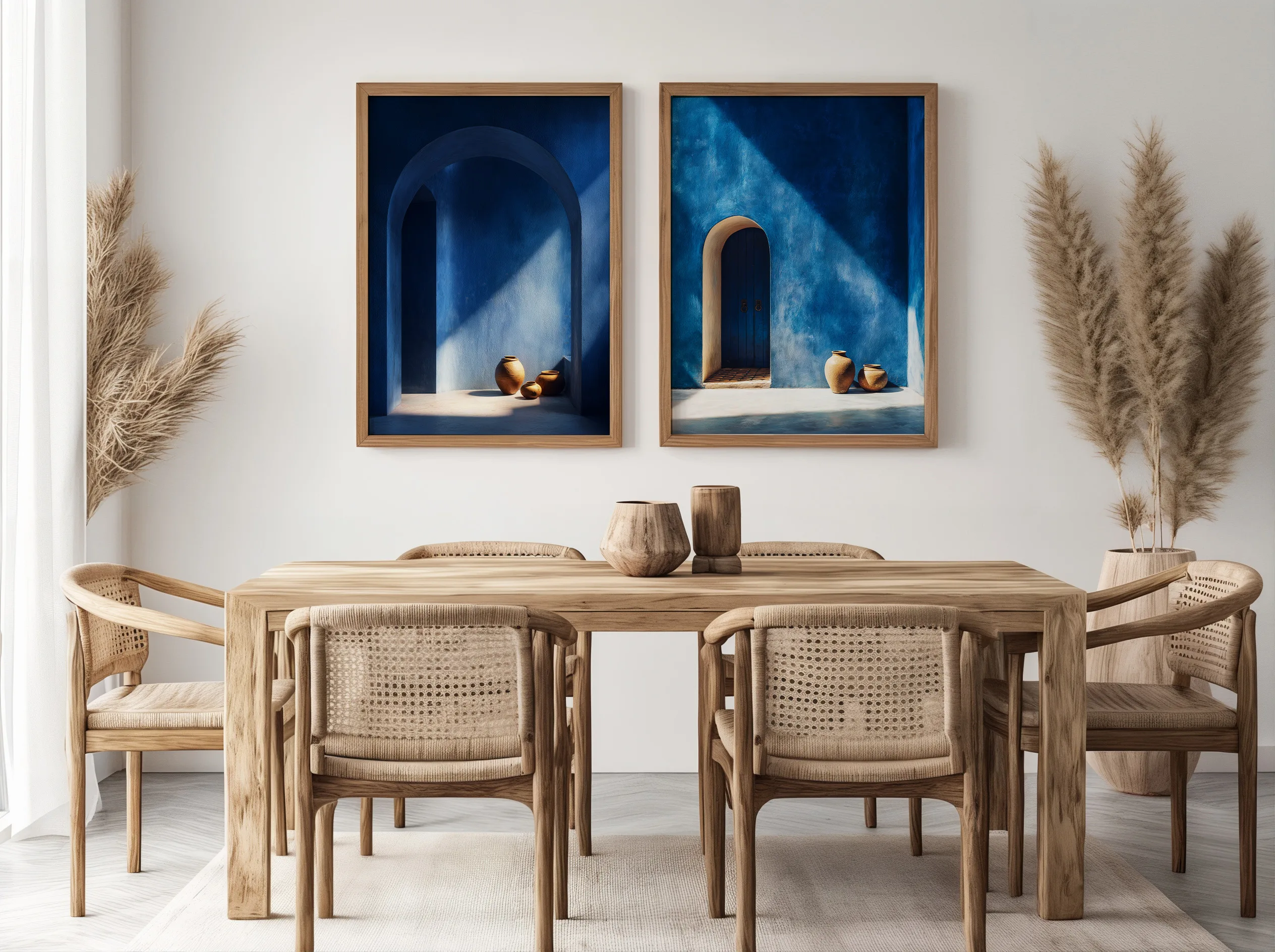 Duo d’affiches porte bleue Maroc bleu Majorelle au-dessus d’un buffet en bois