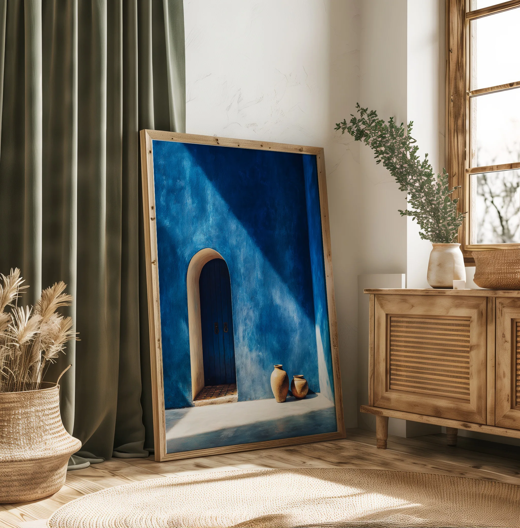 Affiche porte bleue Maroc avec mur bleu Majorelle dans un intérieur chaleureux
