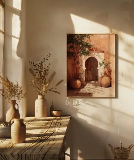 Affiche porte orientale Maroc avec jarres et mur terracotta dans un intérieur lumineux