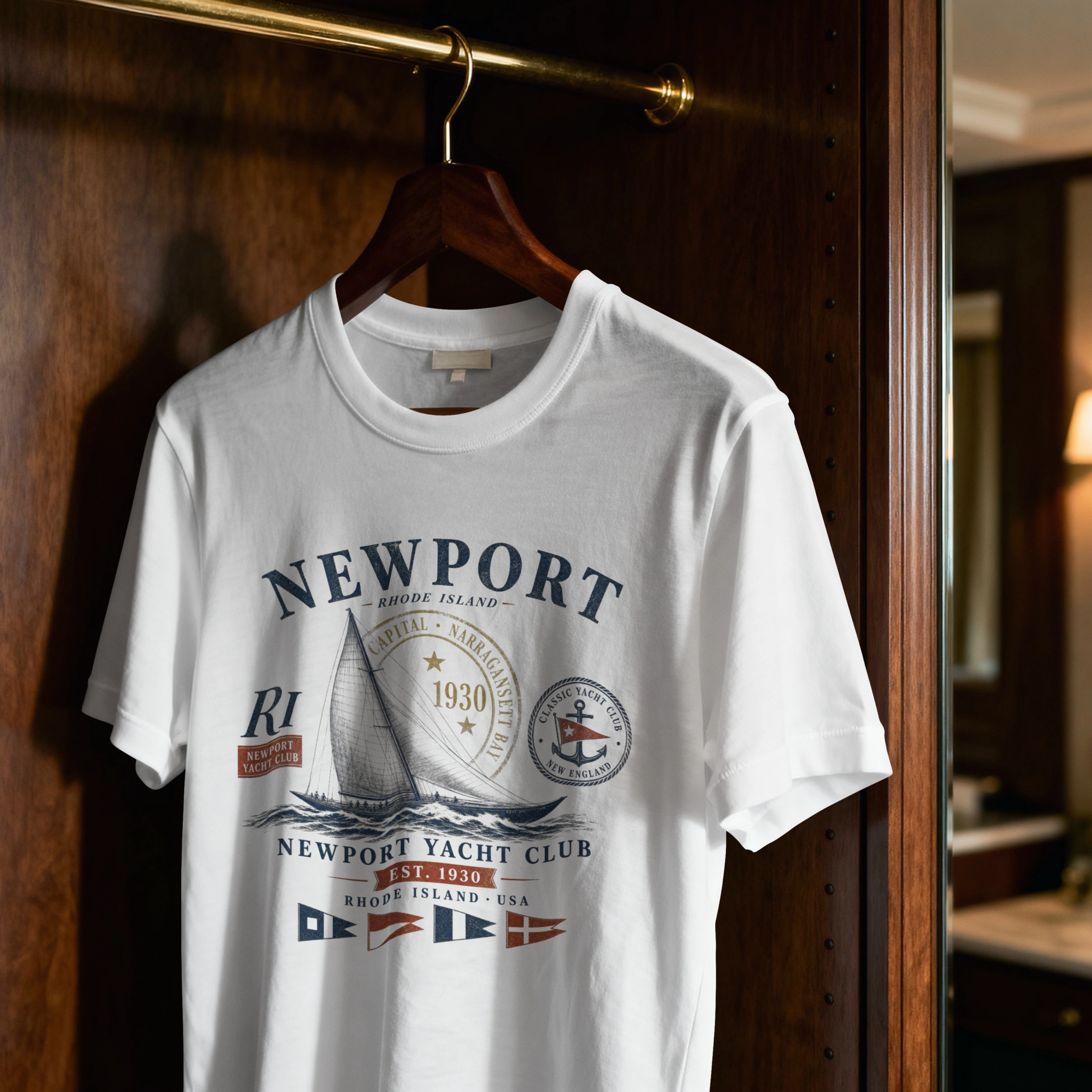 newport-sailing-t-shirt-cintre T-shirt Newport Yacht Club blanc suspendu style nautique vintage