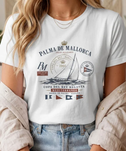 T-shirt Palma de Mallorca blanc inspiration régate classique et Riviera espagnole