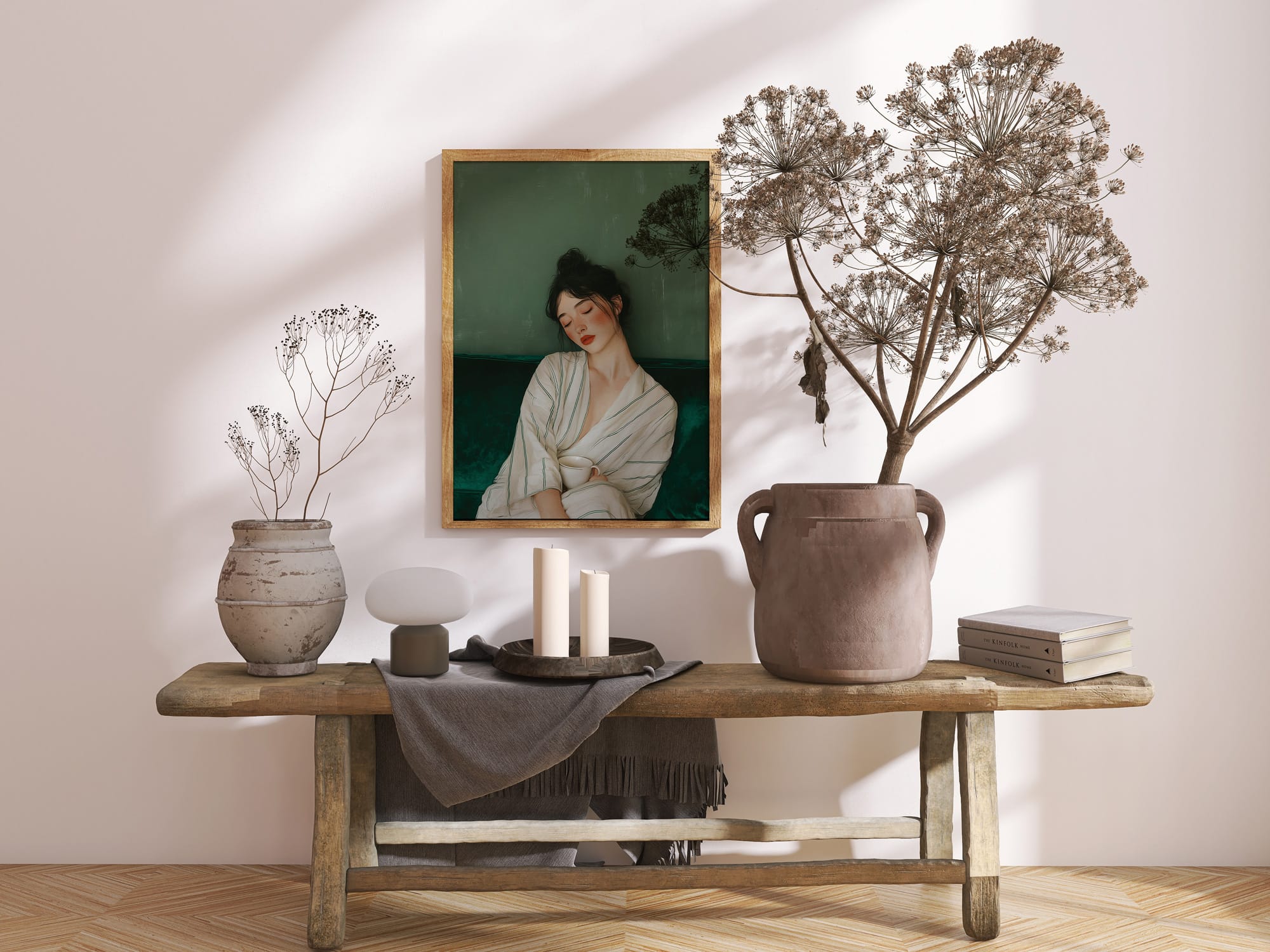 serene-woman-art-print-mockup-bench-decor1 Affiche portrait émeraude posée sur une console dans un intérieur élégant