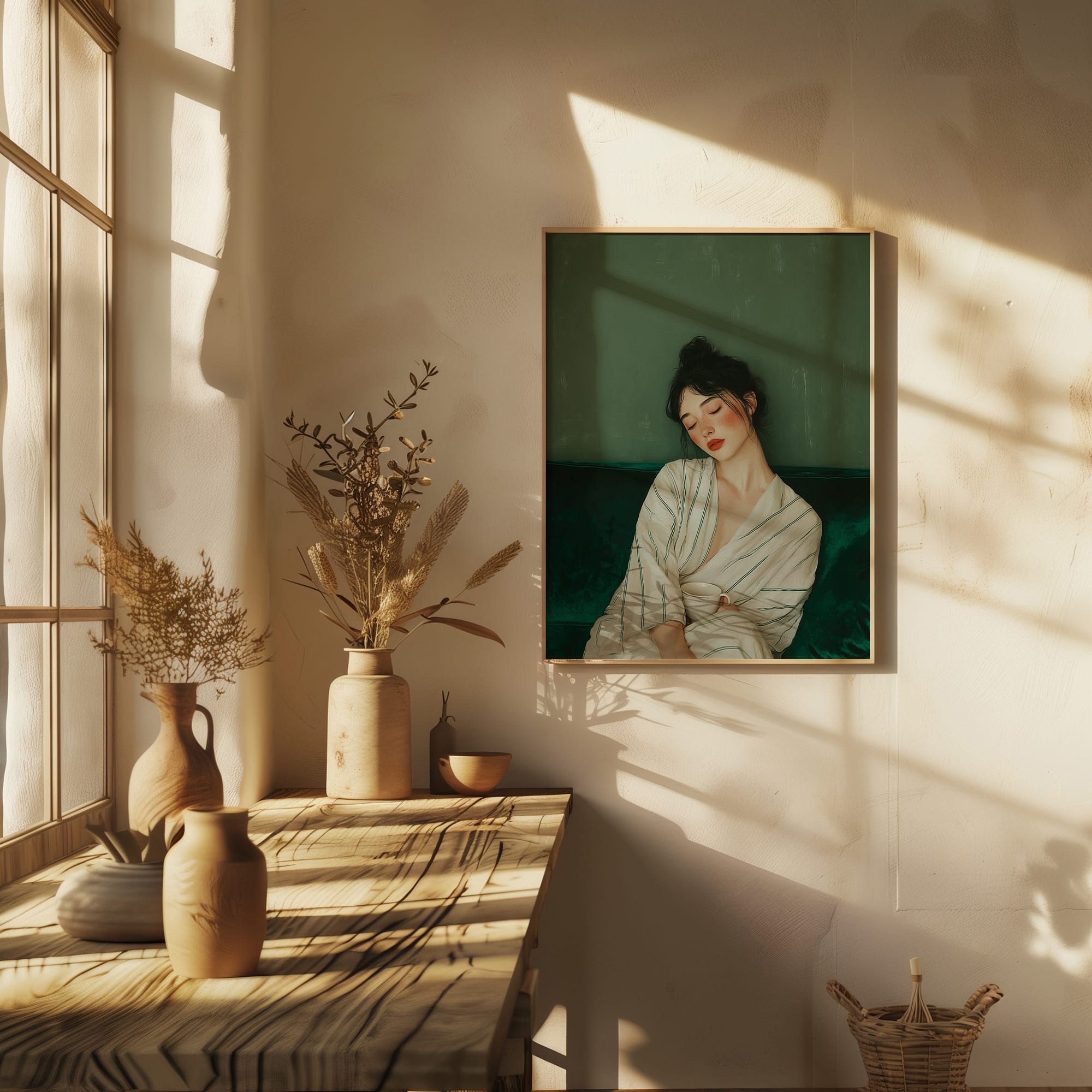serene-woman-art-print-mockup-bench-decor2 Décoration murale portrait femme avec lumière naturelle et ambiance apaisante