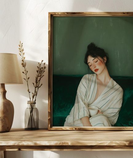 Affiche portrait femme émeraude dans un intérieur lumineux et minimaliste