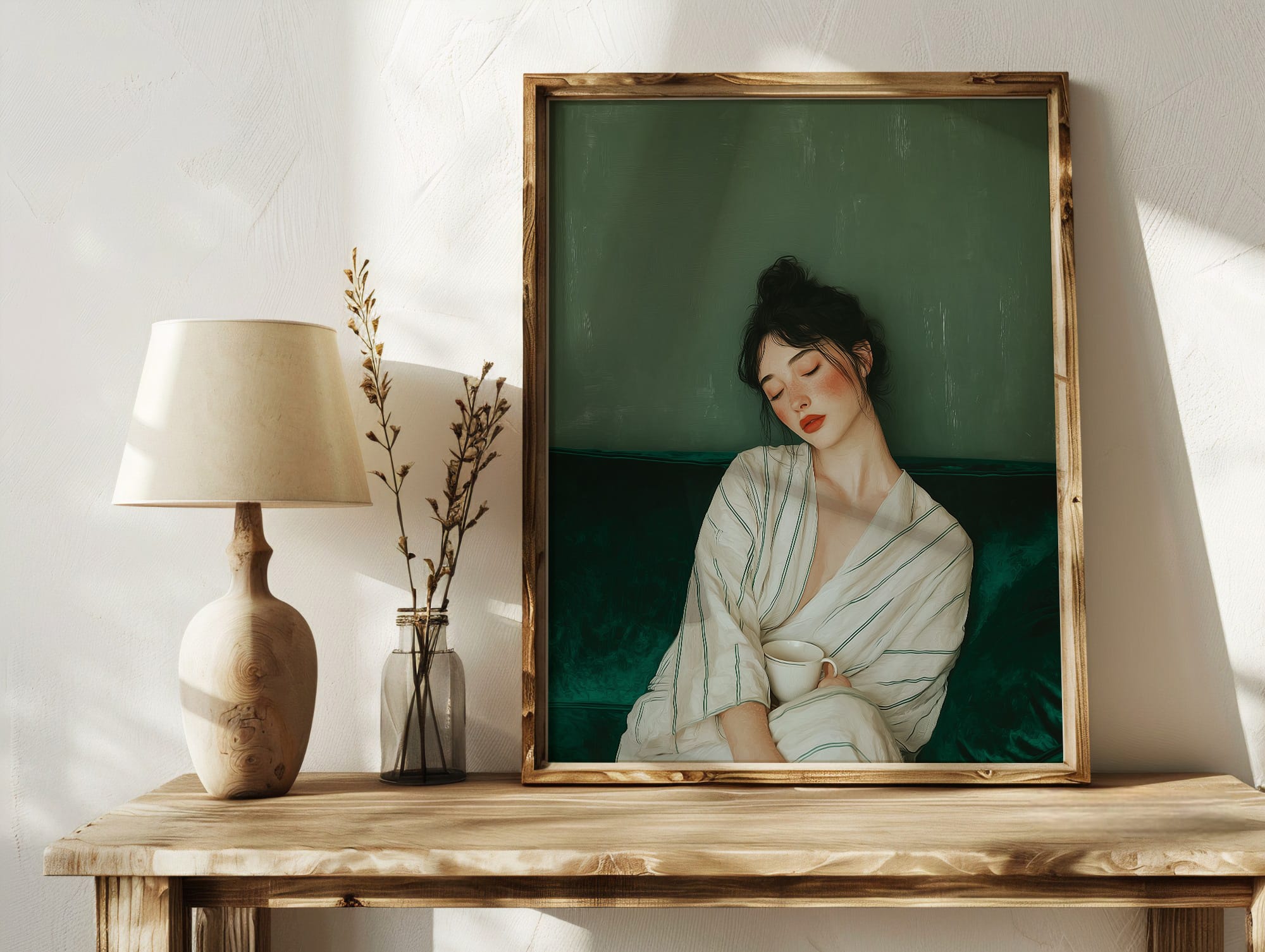 serene-woman-art-print-mockup-table-frame Affiche portrait femme émeraude dans un intérieur lumineux et minimaliste