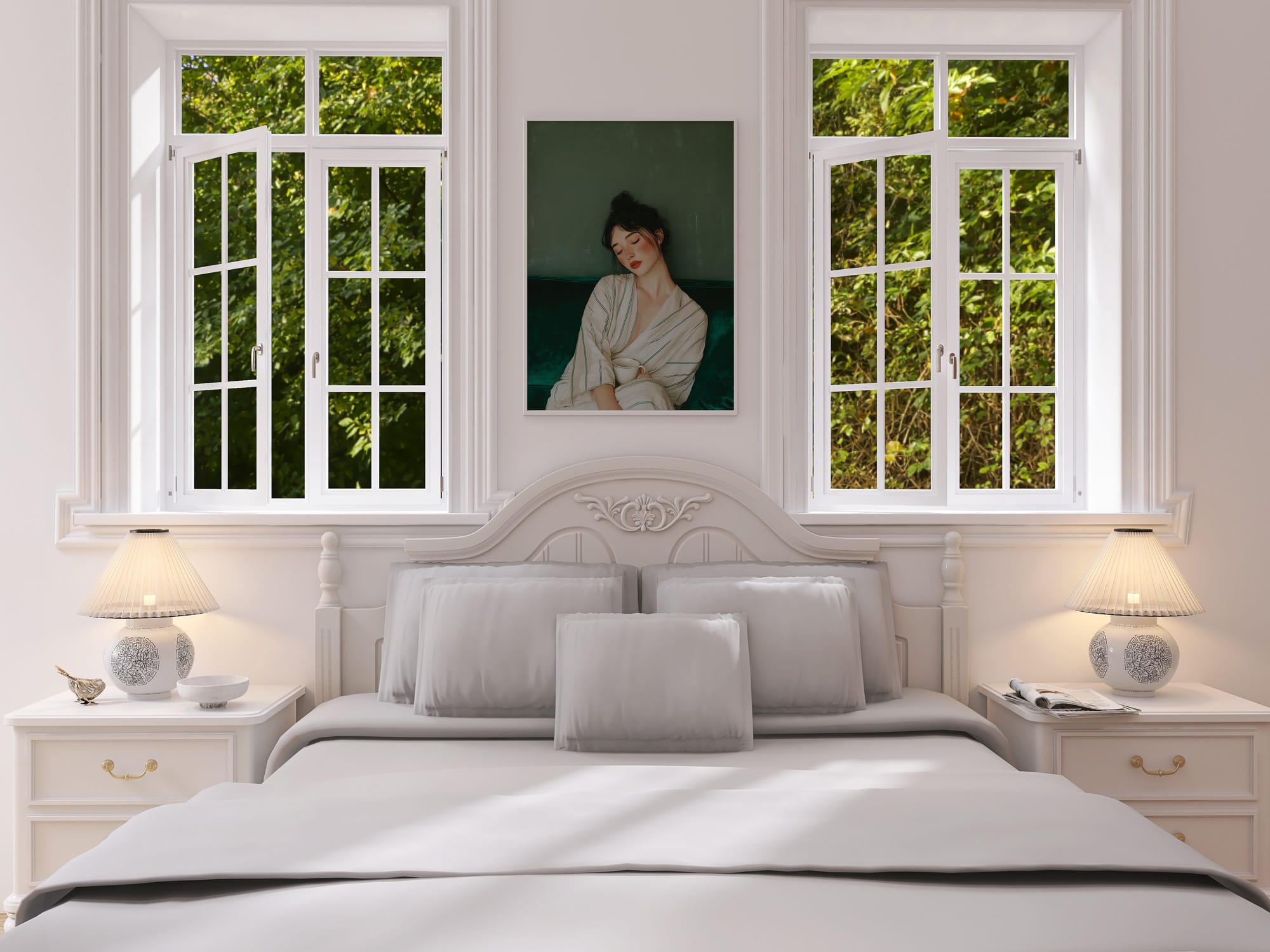 serene_woman_emerald_green_mockup_bedroom Affiche portrait féminin dans une chambre lumineuse et élégante