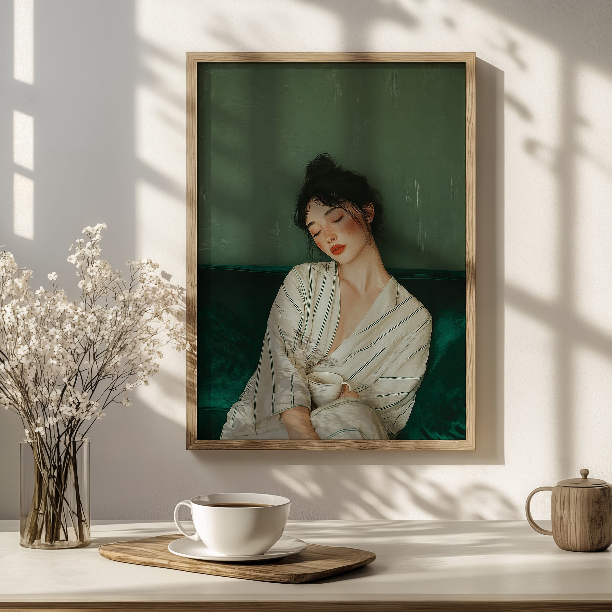 serene_woman_emerald_green_mockup_lifestyle_table Affiche murale portrait femme au-dessus d’une table minimaliste
