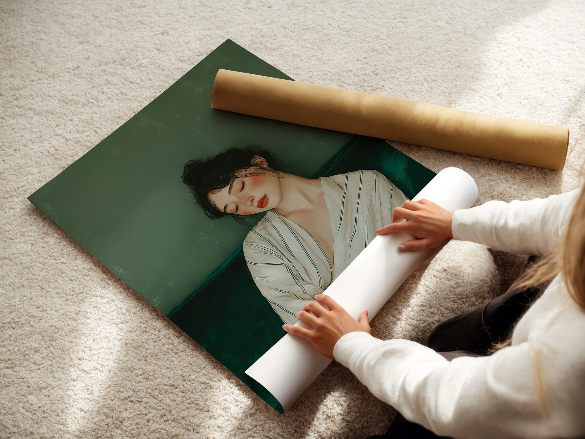 serene_woman_emerald_green_mockup_print_detail Affiche portrait féminin imprimée sur papier décoratif