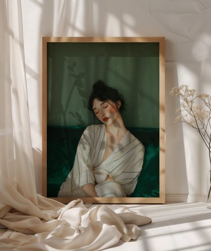 affiche portrait émeraude dans un intérieur lumineux et minimaliste.