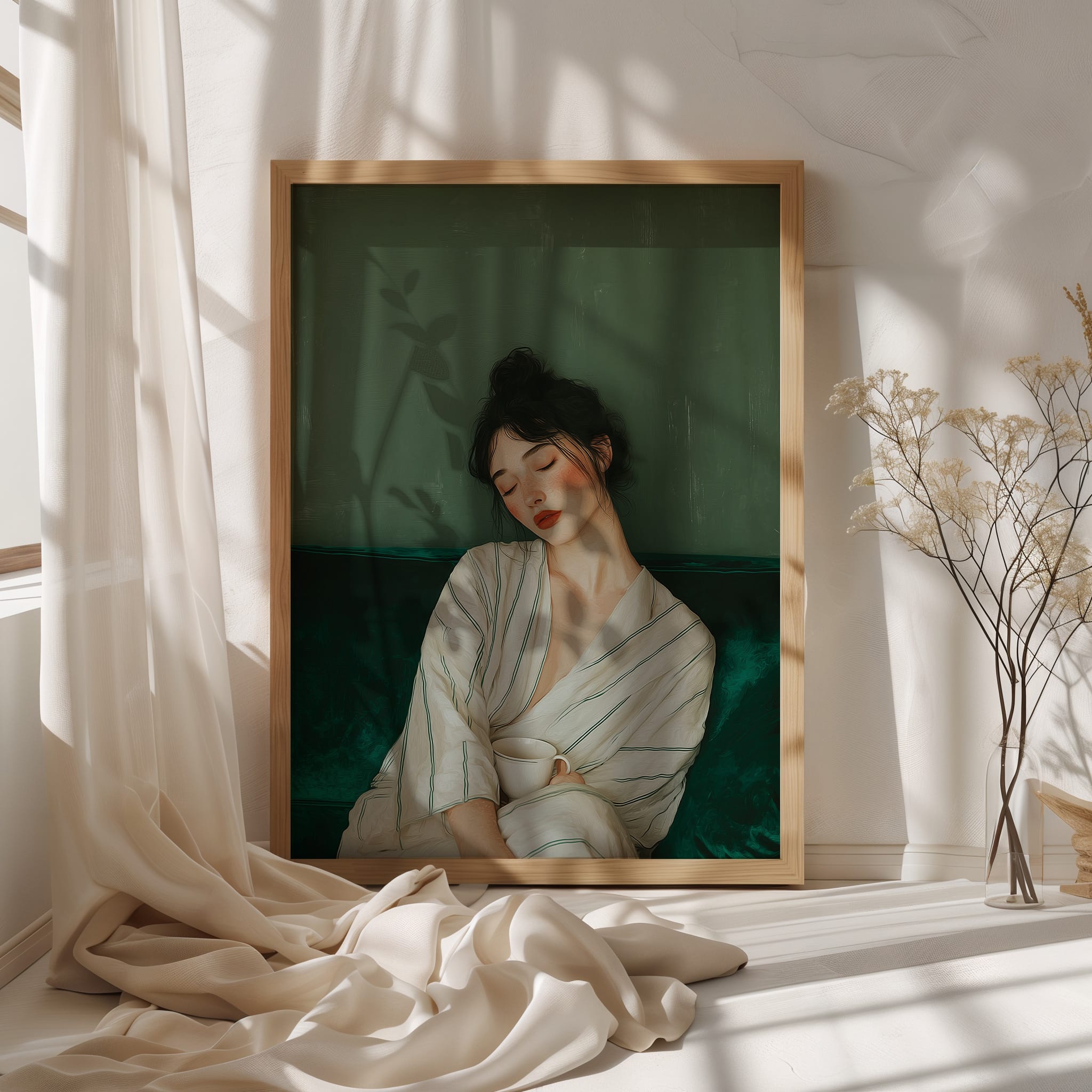 serene_woman_emerald_green_mockup_wall_frame_main affiche portrait émeraude dans un intérieur lumineux et minimaliste.