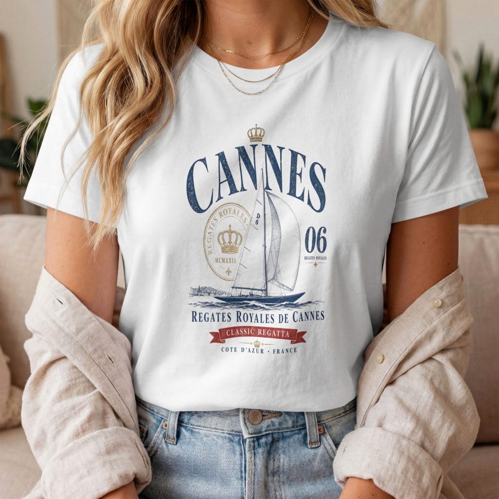 Signification du style yacht club : écusson, voilier et fanions imprimés sur nos t-shirts Riviera
