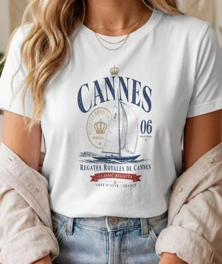T-shirt Cannes Régates Royales vintage porté par une femme