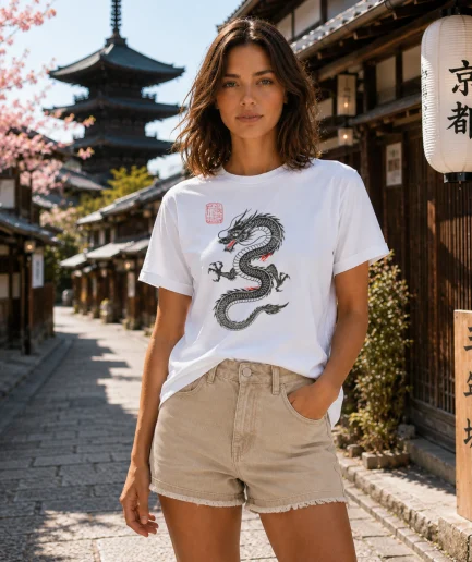 T-shirt dragon japonais sumi-e beige avec illustration dragon noir et rouge style art japonais traditionnel