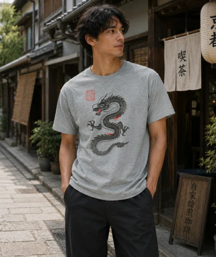 Homme portant un t-shirt dragon japonais gris sport dans une rue traditionnelle japonaise