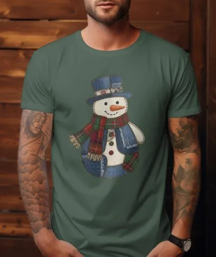 T-shirt vert militaire homme avec illustration bonhomme de neige patchwork vintage