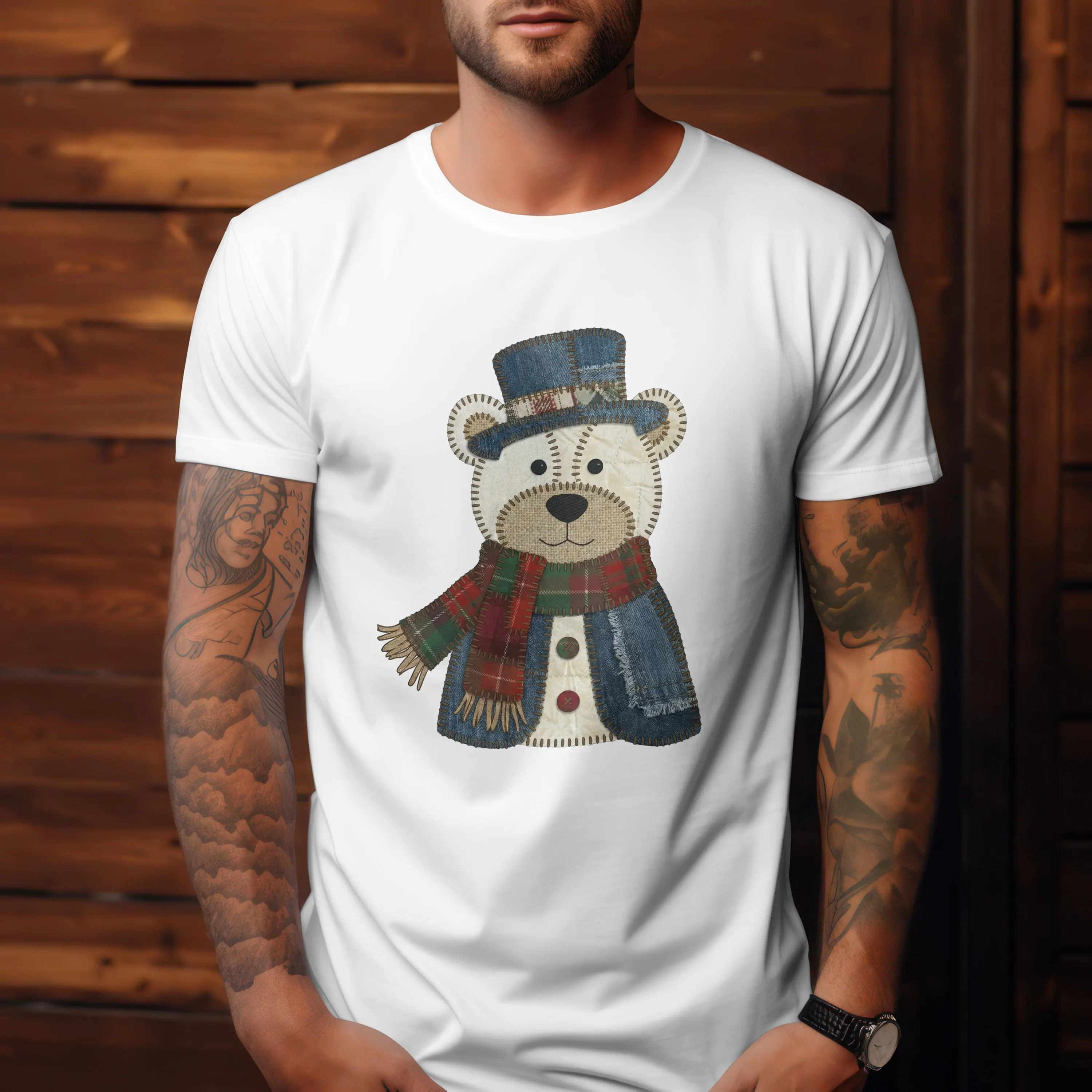 t-shirt-ours-patchwork-blanc T-shirt blanc homme avec illustration ours patchwork style textile rétro