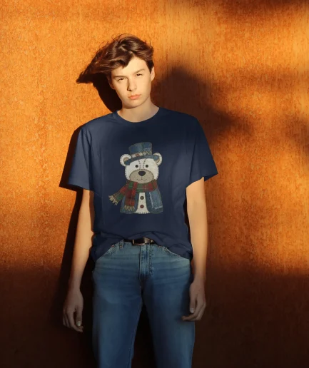t-shirt ours patchwork vintage bleu marine et écharpe écossaise