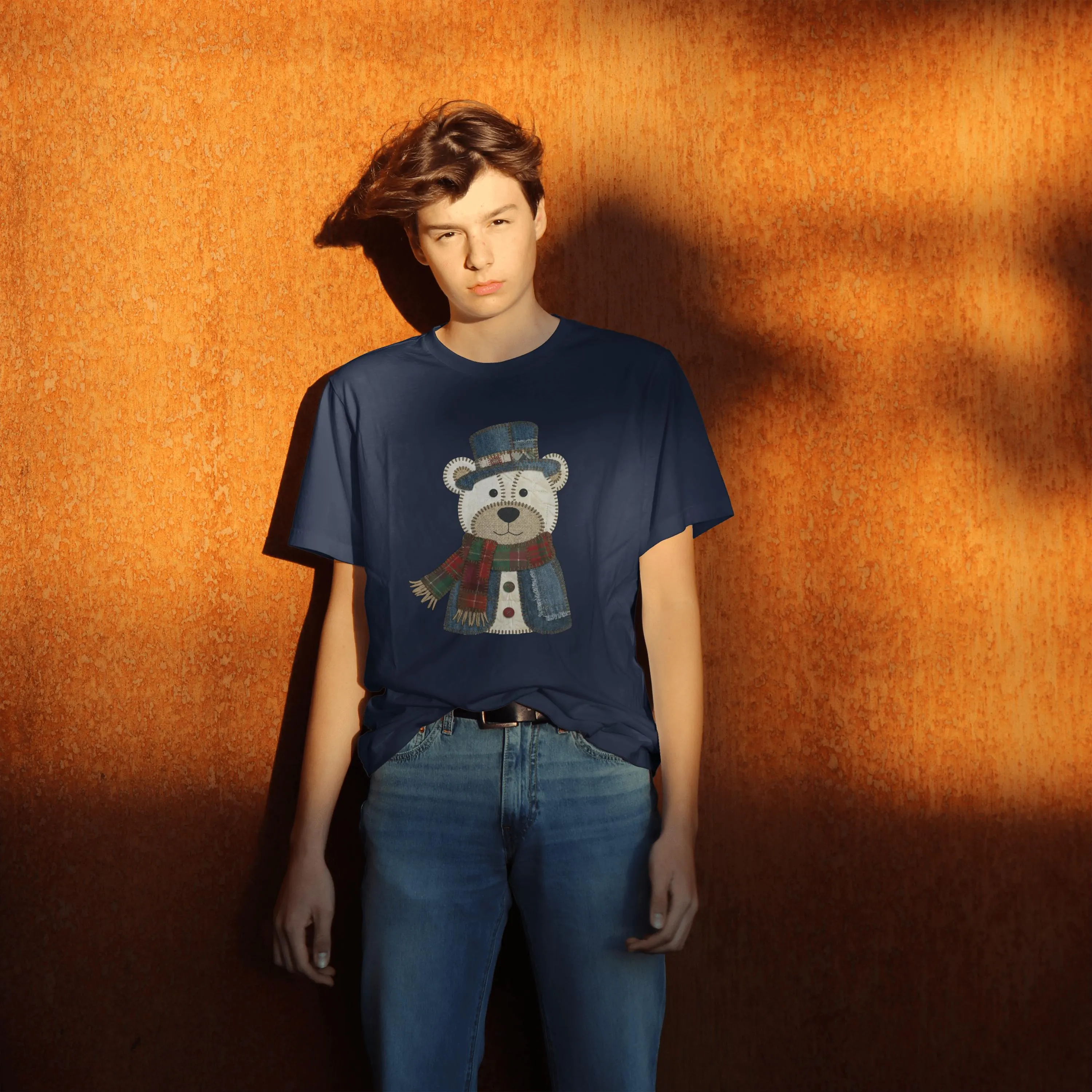 t-shirt-ours-patchwork-marine t-shirt ours patchwork vintage bleu marine et écharpe écossaise