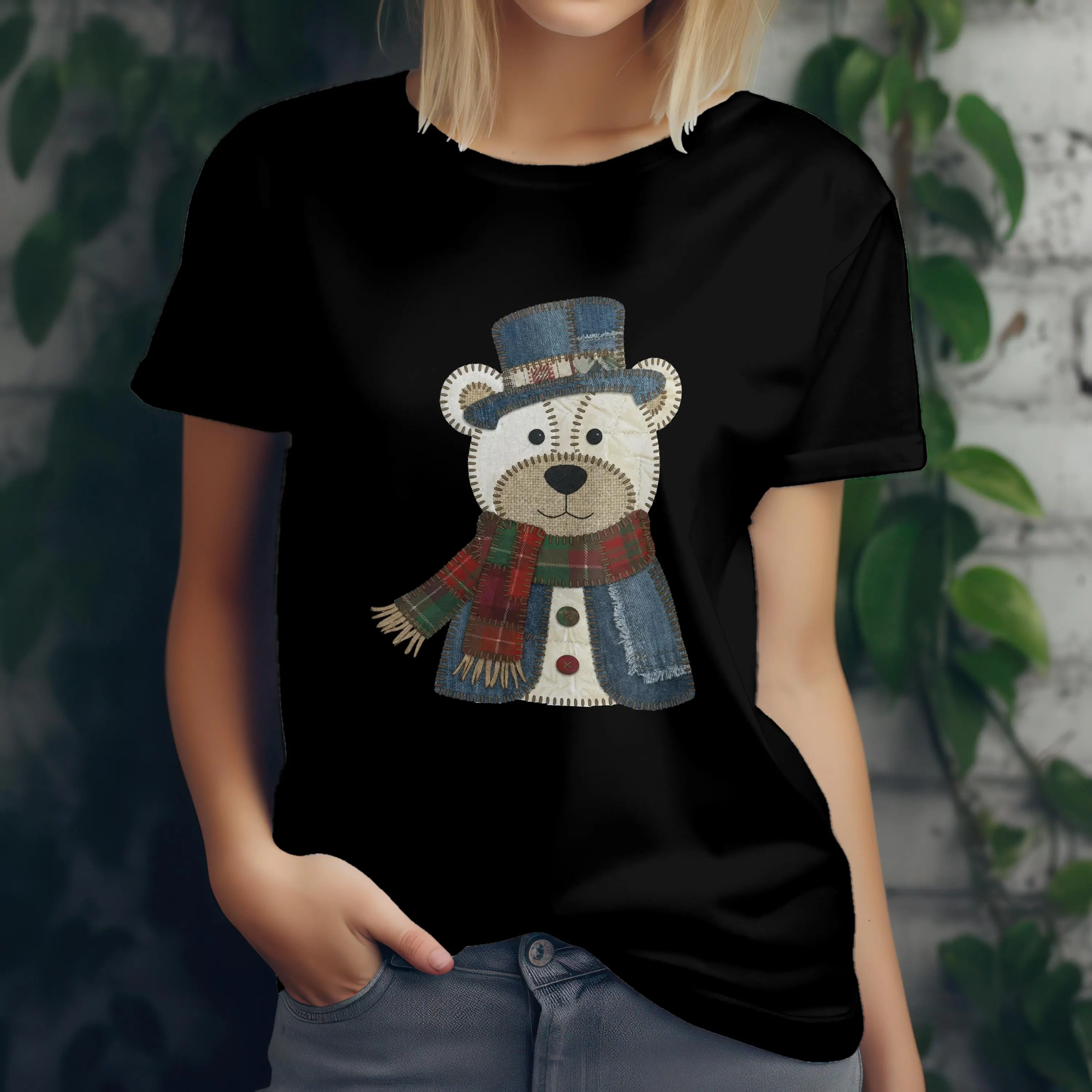 t-shirt-ours-patchwork-noir T-shirt noir avec design ours patchwork cocooning inspiration vintage