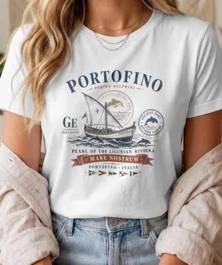 T-shirt Portofino vintage Portus Delphini Riviera italienne style maritime rétro