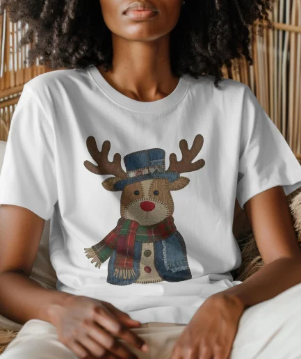 t-shirt renne patchwork vintage blanc avec illustration style hiver cocooning