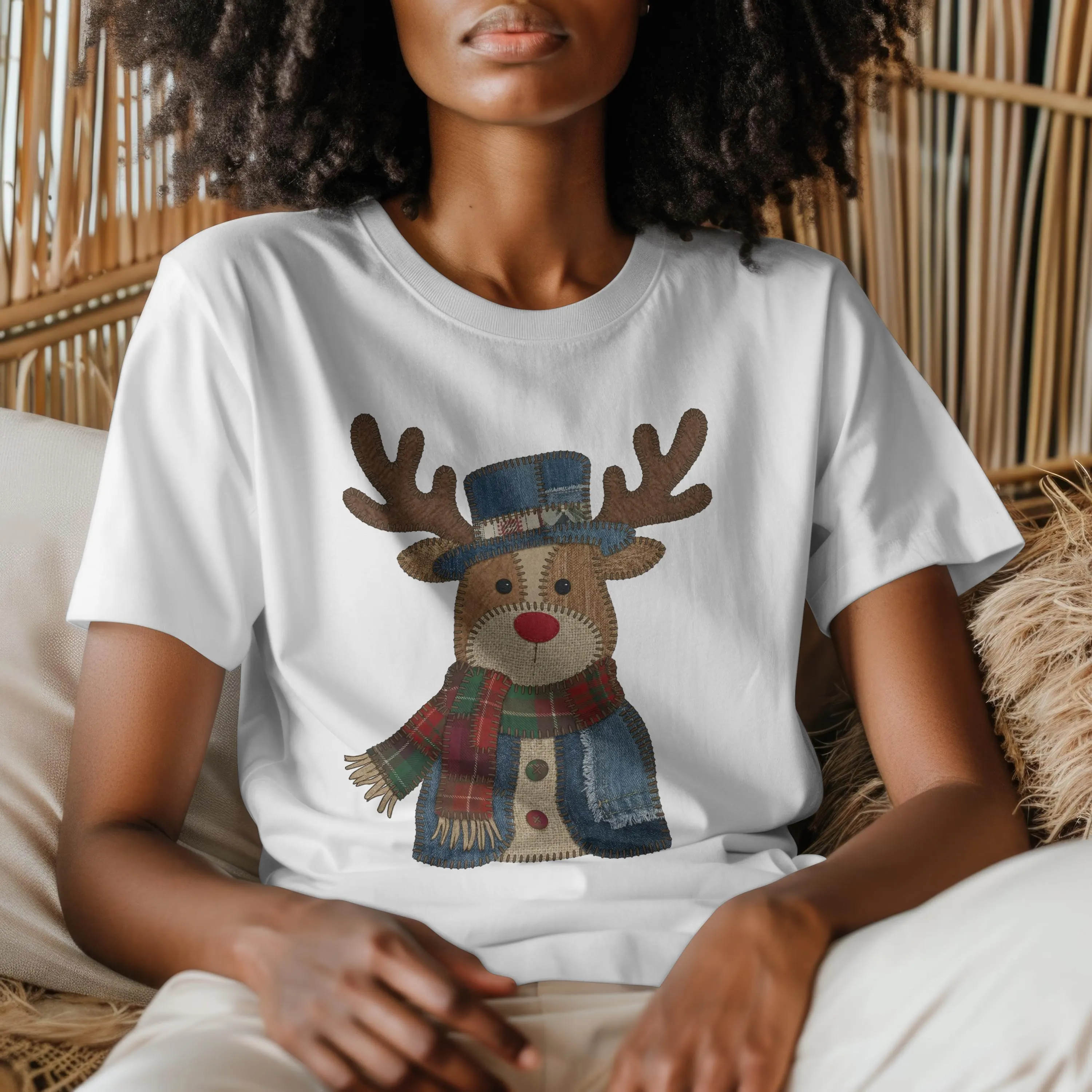 t-shirt-renne-patchwork-blanc t-shirt renne patchwork vintage blanc avec illustration style hiver cocooning