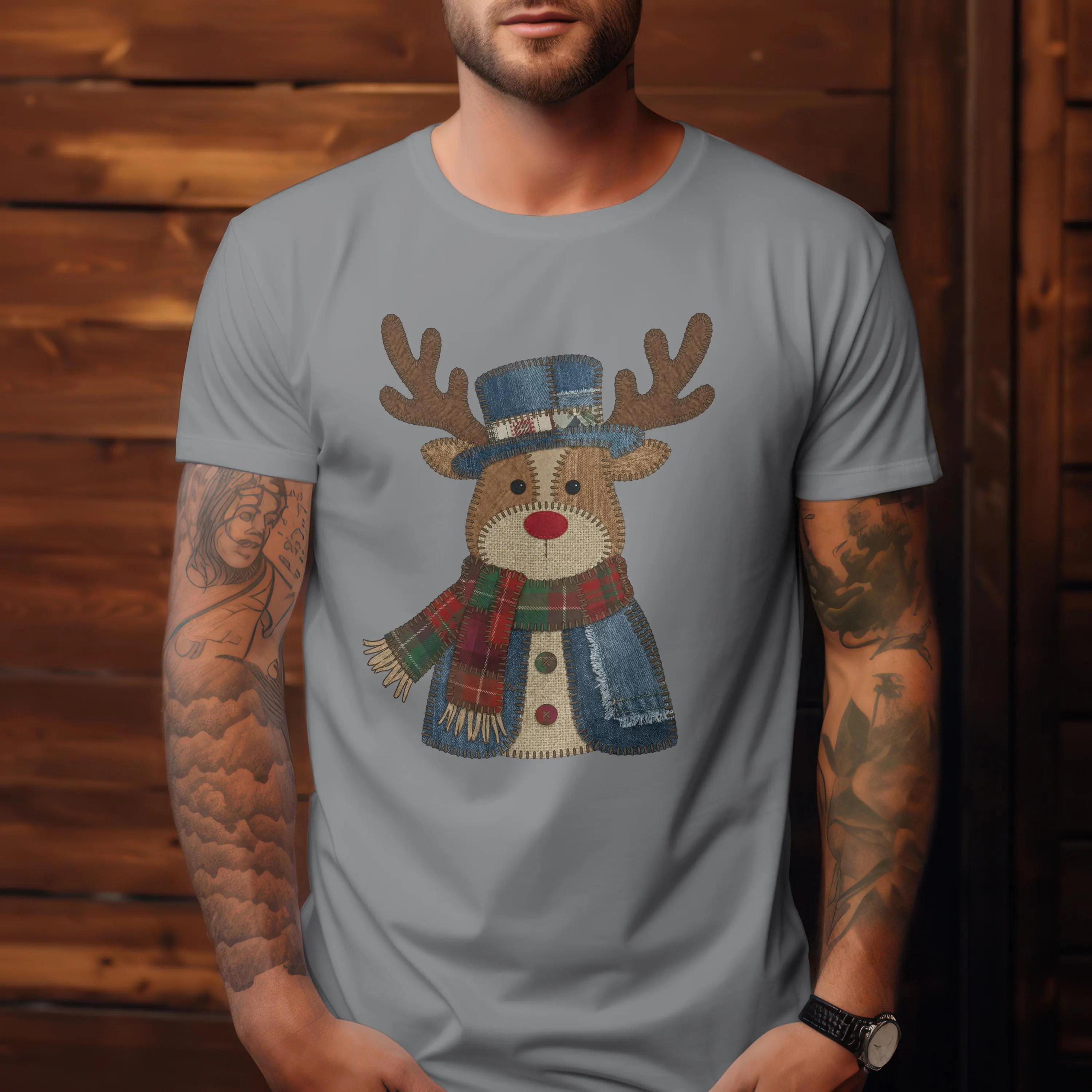 t-shirt-renne-patchwork-gris T-shirt gris homme avec design renne patchwork rétro style cocooning