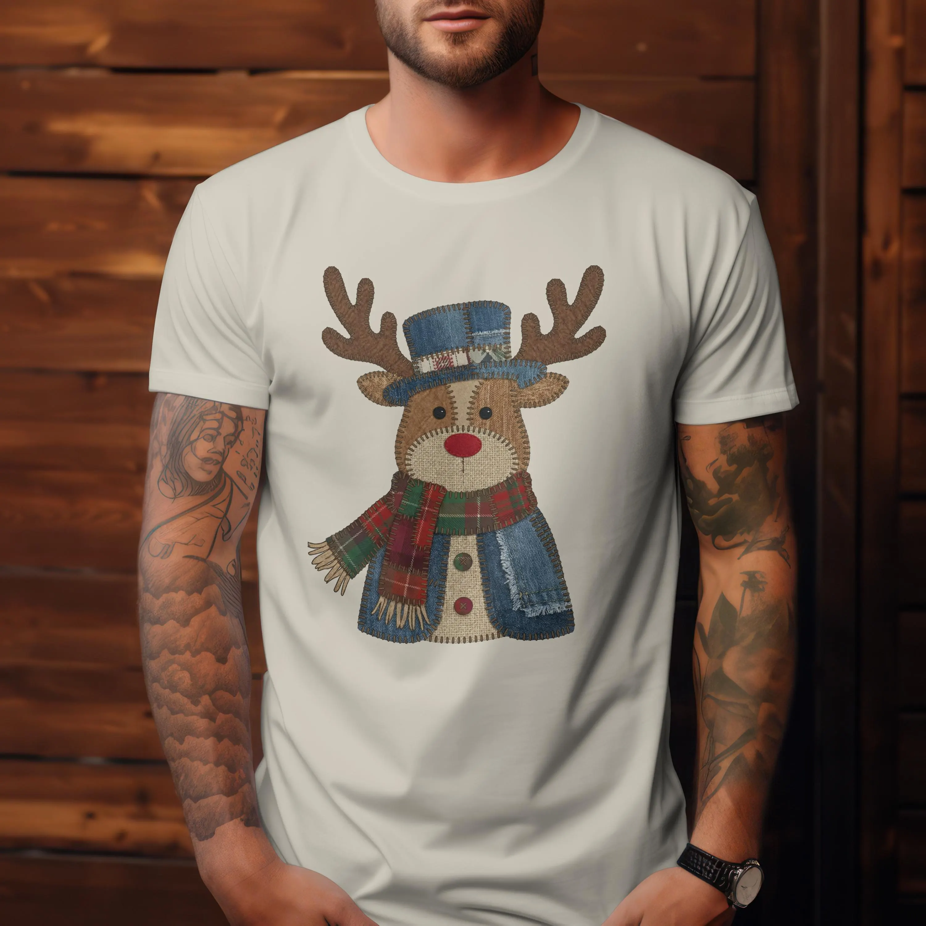 t-shirt-renne-patchwork-naturel T-shirt naturel homme avec renne patchwork vintage et écharpe tartan