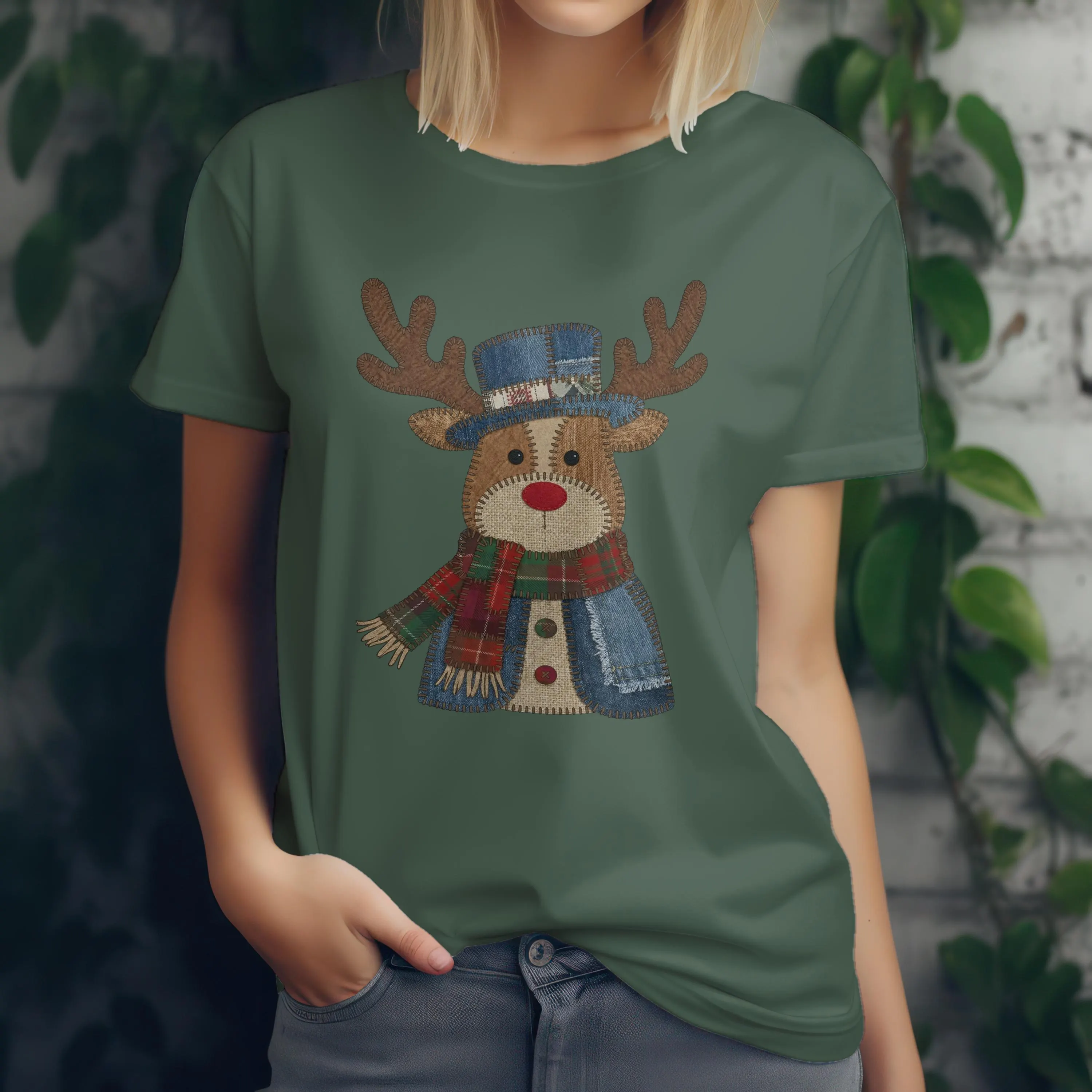 t-shirt-renne-patchwork-vert T-shirt vert militaire avec illustration renne patchwork vintage style hiver cocooning