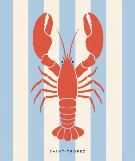 Illustration homard Saint-Tropez sur fond rayures Riviera bleu et crème