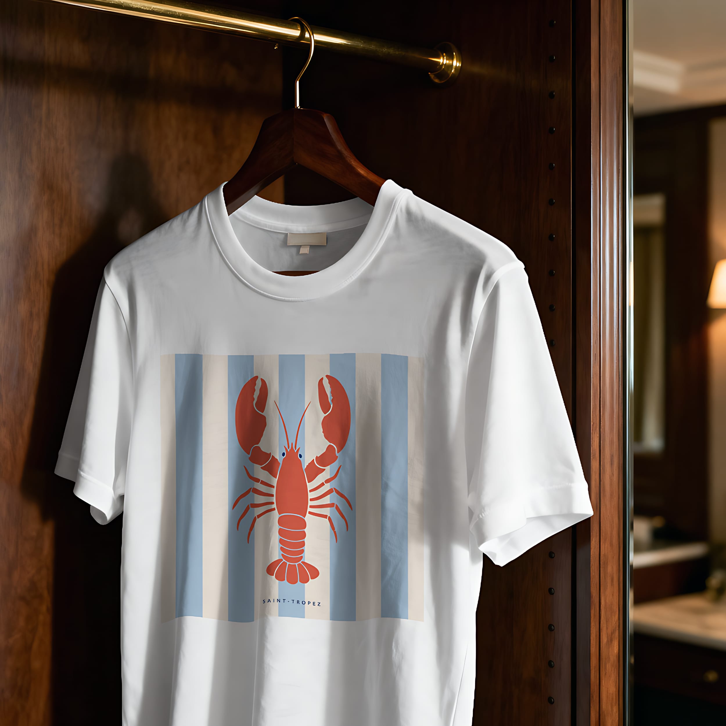 t-shirt-saint-tropez-homard-riviera-blanc-cintre T-shirt Saint-Tropez homard Riviera suspendu sur cintre design minimaliste