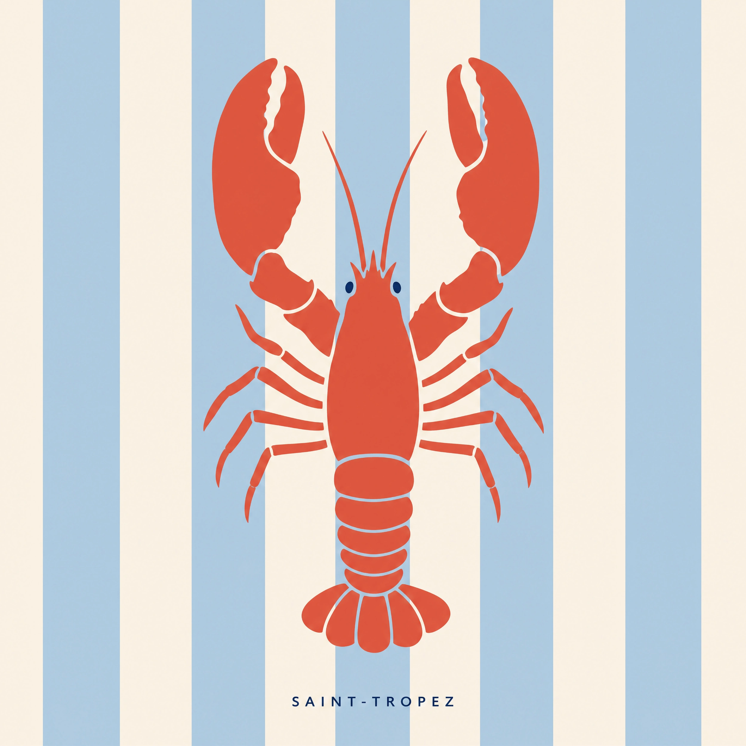 t-shirt-saint-tropez-homard-riviera Illustration homard Saint-Tropez sur fond rayures Riviera bleu et crème
