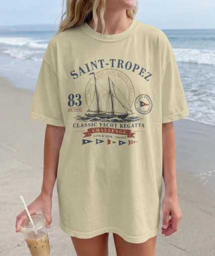 T-shirt Riviera française style yacht club rétro natural