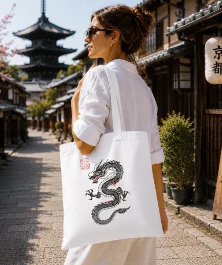 Femme portant un tote bag dragon japonais natural dans une rue traditionnelle de Kyoto