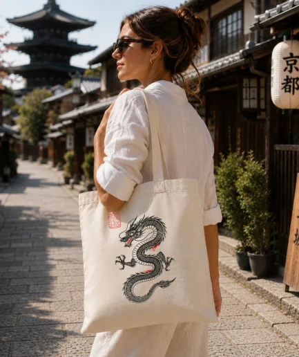 Femme portant un tote bag dragon japonais natural dans une rue traditionnelle de Kyoto