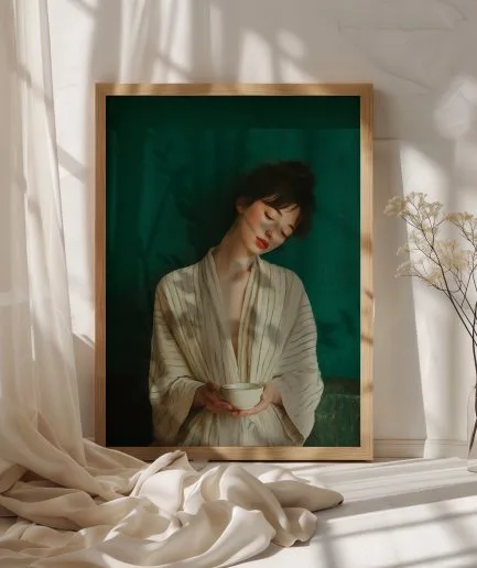 Serene woman emerald window mockup